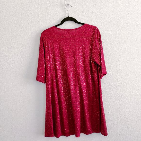 Eileen Fisher Large 100% Silk Red Sequin Tunic Elbow Sleeve Blouse Top Shirt - Picture 2 of 7